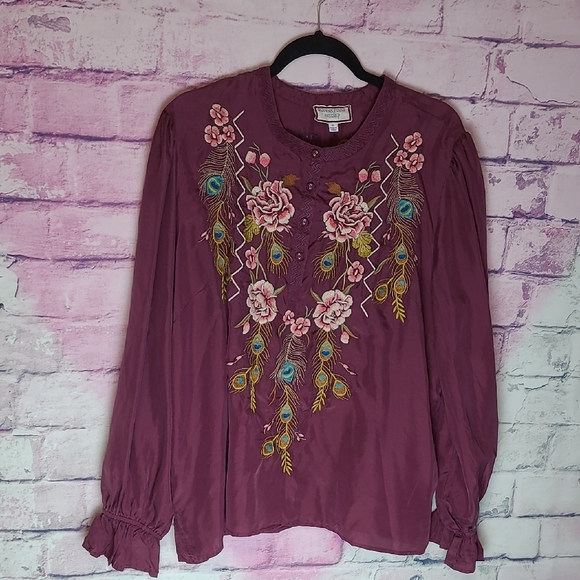 Johnny Was Tops - JOHNNY WAS WORKSHOP 100% SILK PEACOCK FLORAL EMBROIDERED TUNIC POPOVER BLOUSE XL